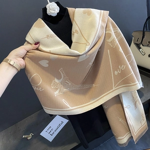 Beige cashmere-like scarf with Eiffel Tower and Love Paris pattern for autumn and winter