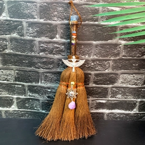 Handmade brown witch broom with lapis lazuli, chakra stones, and purple amethyst crystals