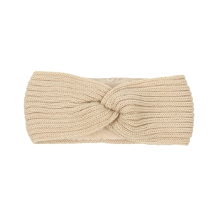 Detail showing soft fleece lining and thick ribbed knit texture of beige winter headband