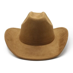 Macro shot of brown suede cowboy hat with stitched band detailing and flat brim