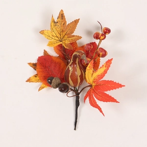 Detailed autumn spray featuring maple leaves, red berries, acorns, and a mini pumpkin