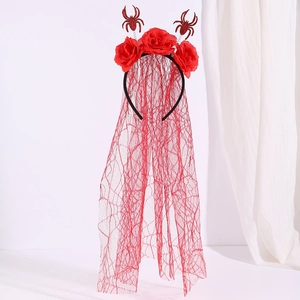 Detail of Halloween headband with red roses, sequined spiders, and cobweb mesh veil