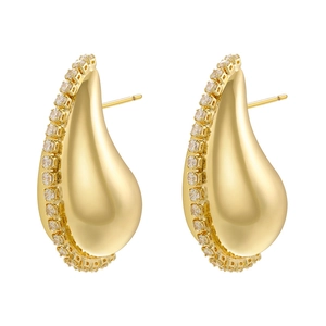 18K gold plated teardrop stud earrings with parallel cubic zirconia stones inlay