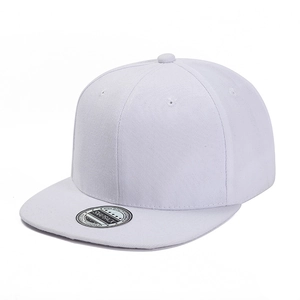 Detail view of the flat brim on a high-quality white snapback cap with round silver sticker