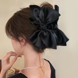 Large Satin Bow Hair Claw Clip French Elegant Satin Like Fabric Acrylic Shark Clamp For Women