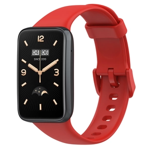 Detail view of the red silicone strap and rectangular clock face for Xiaomi Band 7 Pro