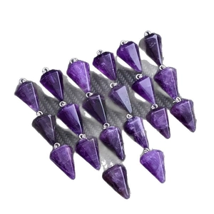 Polished natural amethyst hexagonal prism cone pendants with silver metal clasps