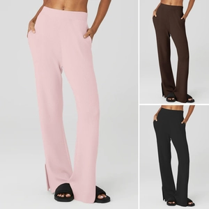 Pantaloni da yoga da donna a vita alta a gamba larga con tasche laterali e spacco laterale
