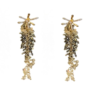 Golden flower zircon long tassel earrings with sparkling crystals and layered bead design