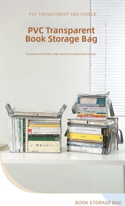 Close-up of three clear PVC book storage bags with sturdy grey handles and zippers
