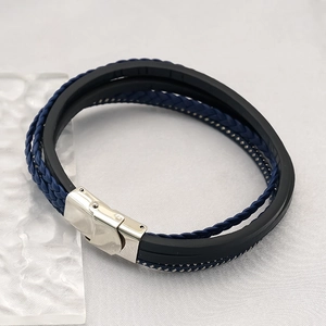 Bracelet en cuir tressé et corde bleue avec fermoir magnétique en acier argenté