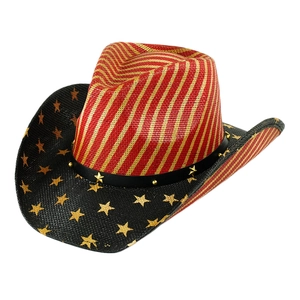 Detail of American flag pattern straw cowboy hat with golden star rivets and leather band