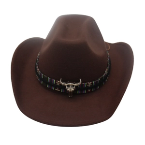 Classic brown western cowboy hat featuring an ethnic patterned band and silver bull head