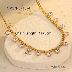 Detail of gold chain necklace with pink rhinestones, 41+5cm length and 13g weight