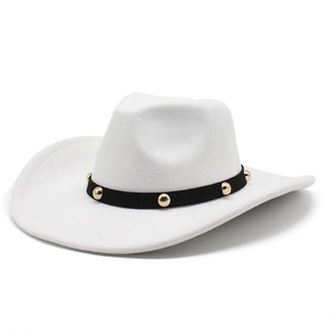 Chapeau classique en feutre de laine blanc à large bord de 9,5 cm avec ruban clouté