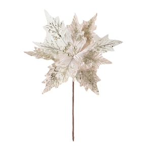 Creamy white 30cm artificial Christmas flower decoration with gold glitter and beads