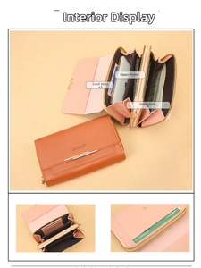 Detailed view of women's leather wallet interior with card slots and large compartments
