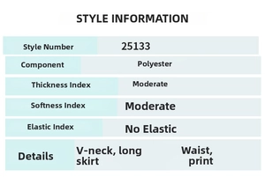 Detailed sizing and material specifications chart for the floral V-neck maxi dress