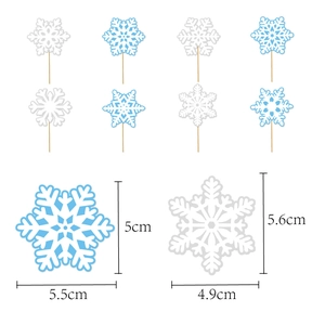 Detailed size chart for blue and white snowflake cupcake toppers for winter parties