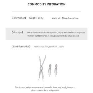 Detailed size and material specification chart for geometric tassel necklace and earrings set