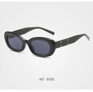 Detailed 45-degree side view of black cat-eye sunglasses with four white decorative studs