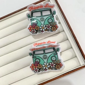 French style acrylic shark hair claw with Hippie Soul van and flower design in a jewelry box