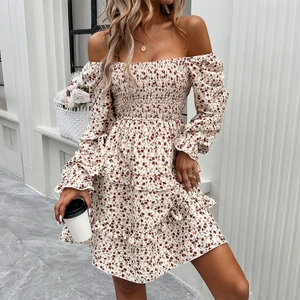 Elegant floral off-shoulder mini dress with long sleeves and layered ruffle hem for women