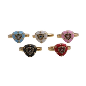 Detailed view of colorful evil eye rings with enamel finish and sparkling zircons