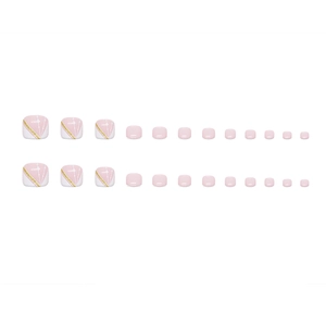 Pink and white French press-on toe nails set with gold glitter and 24 pieces for women
