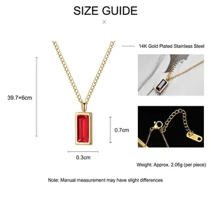 Minimalist stainless steel gold necklace with a rectangular red zircon pendant size guide