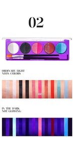 Detail of 6-color UV neon body paint palette 02 with ordinary light and glow comparisons