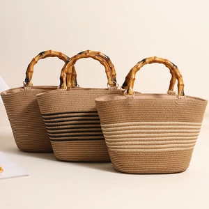 Straw Woven Handbag With Bamboo Handle Vintage Striped Beach Bag For Women Casual Summer Vacation Tote