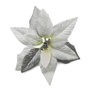 Fleur de poinsettia de Noël artificielle argentée et blanche avec paillettes brillantes