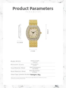 Paramètres de taille détaillés pour la montre à quartz dorée avec boîtier de 41 mm
