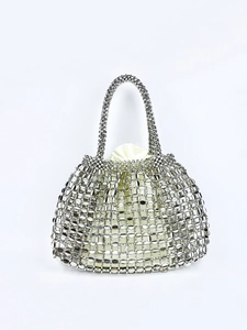 Women Metallic Sequin Hollow Handwoven Handbag Vintage Shiny Beaded Tote Bag With Drawstring Inner Liner