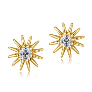 Elegant gold sunflower stud earrings with a sparkling round-cut center stone on white