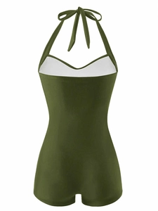 Rear view of army green halter one-piece swimsuit with open back and flat angle cut