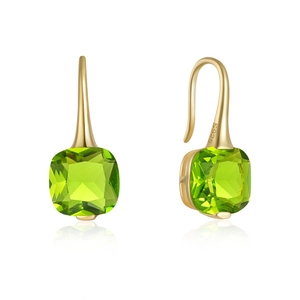 Detailed view of S925 sterling silver stamp on golden hook with green square gemstone