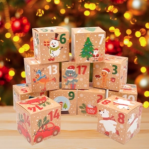 Detail of 24 kraft paper Christmas advent calendar boxes with colorful numbered prints