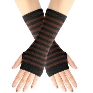 Close-up of black and brown striped knitted fingerless sleeves with thumb hole