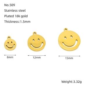 Three sizes of 18k gold plated stainless steel smiley face pendants with detailed dimensions