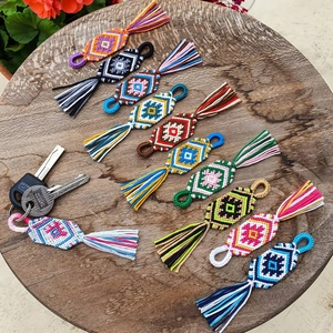Bohemian Handmade Woven Keychain Cotton Thread Tassel Bag Pendant Diamond Pattern Ethnic Style Alloy Lobster Clasp