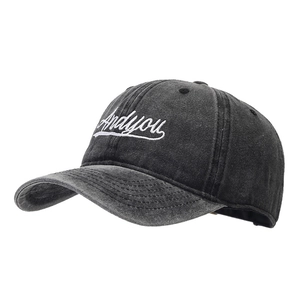 Retro washed charcoal baseball cap with white Andyou embroidery and curved brim