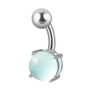 Detail view of 14G stainless steel belly ring with clear mint green stone in 4-prong setting
