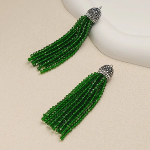 Elegant 2mm green beaded tassel earrings with sparkling rhinestone silver caps
