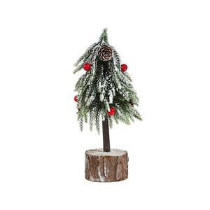 24cm mini artificial Christmas tree with snow, red berries and wood base for desktop