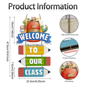Colorful wooden Welcome To Our Class sign with pencils and school bag for classroom decor