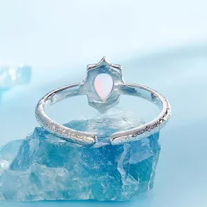 Handcrafted S925 sterling silver open ring with teardrop opal stone and hammered texture