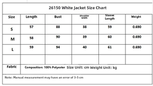 Tableau des tailles pour veste blanche à col montant avec mesures du tissu en polyester