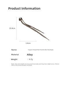 Detail view of long tassel chain ear cuff showing 19.4cm length and alloy material